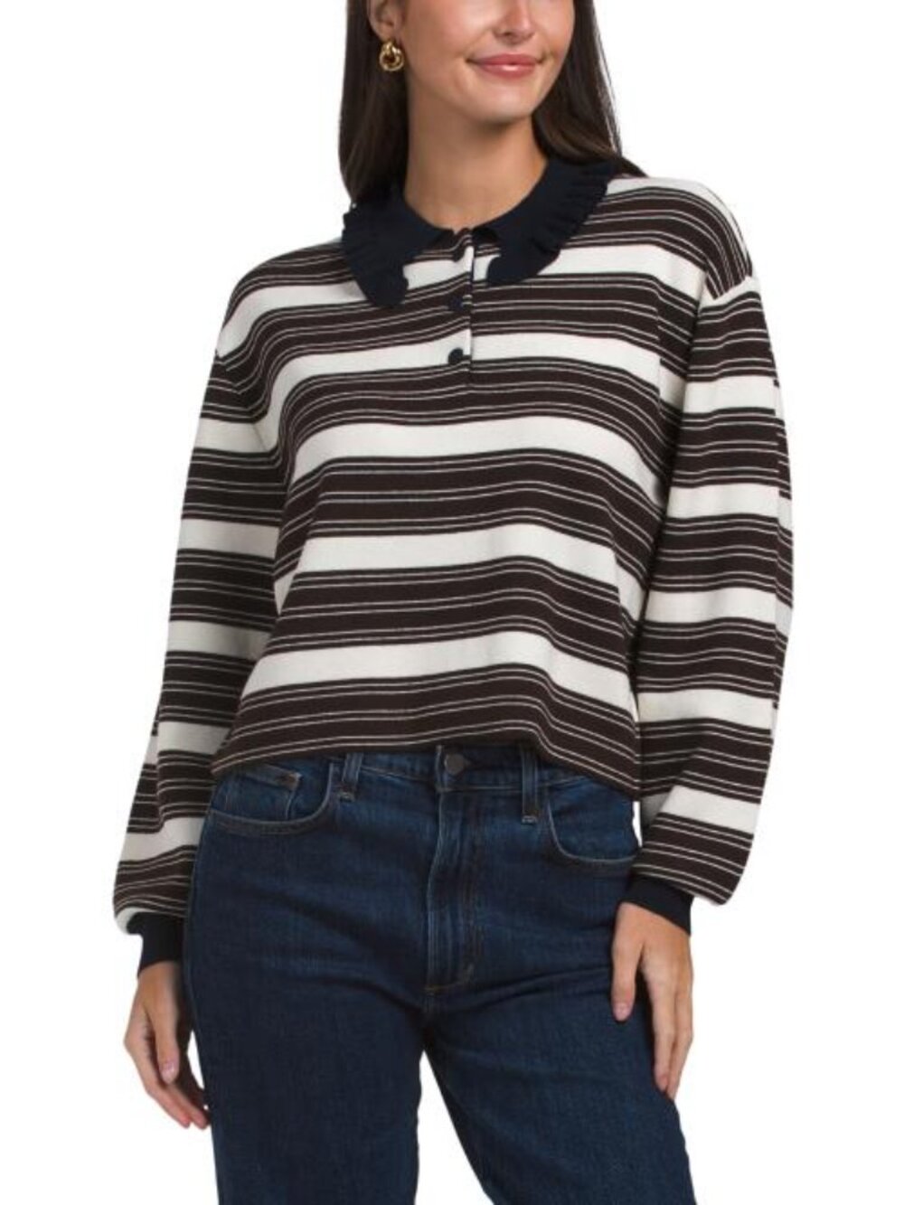 HOUSE OF HARLOW 1960 Long Sleeve Rugby Polo With Ruffled Collar